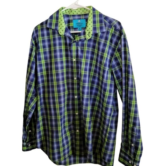 Christian Aujard Paris Blue Green Striped Shirt Button Front Medium M - Picture 1 of 3